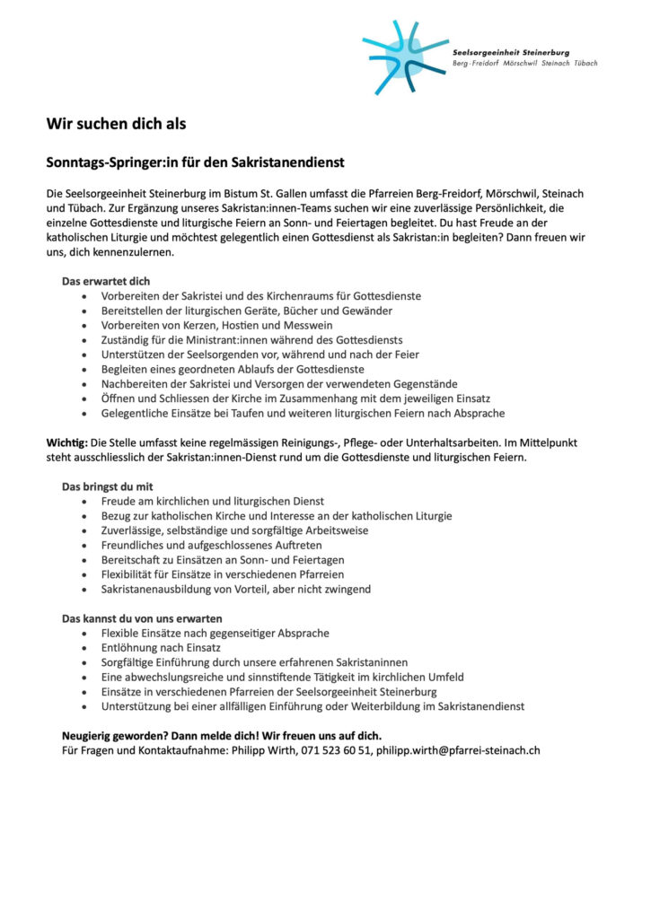 Wir suchen dich als Sonntags-Springer:in für den Sakristanendienst